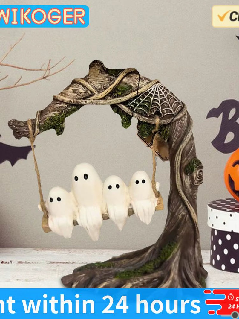 Halloween White Ghost Sculptures Funny Tree Hanging Ornaments Cute Swinging Ghost for Tabletop Centerpiece